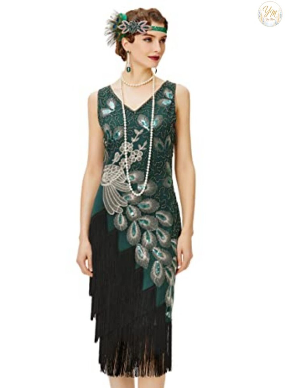 1920s Sequin Fringe Flapper Dress V-Neck Bodycon Midi